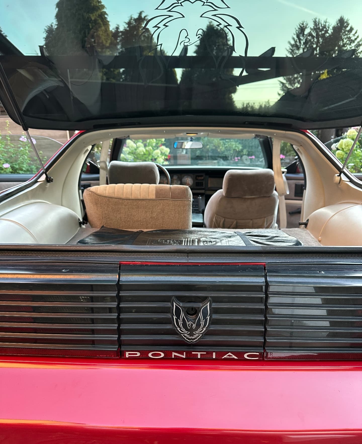 Geöffnete Glasheckklappe eines Pontiac Trans Am mit Blick auf grauen Innenraum