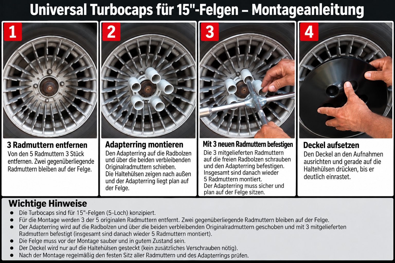 Vierteilige Orientierungsgrafik zur Montage von Turbocaps auf 15-Zoll-Felgen