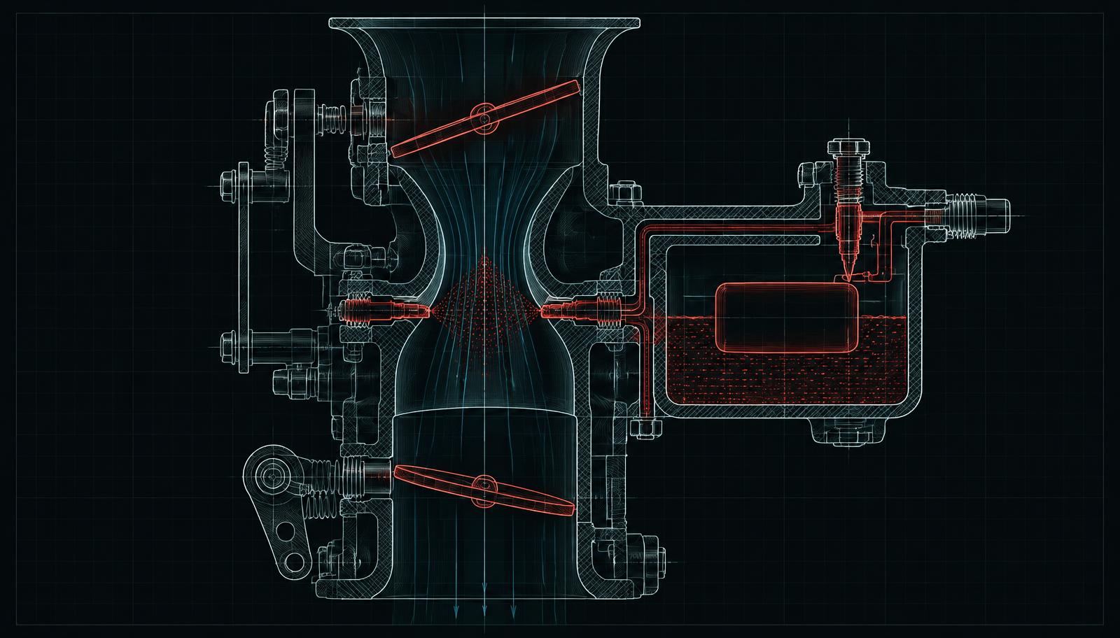 Schematischer Schnitt durch einen Vergaser mit Chokeklappe, Venturi-Engstelle, Schwimmerkammer und Drosselklappe