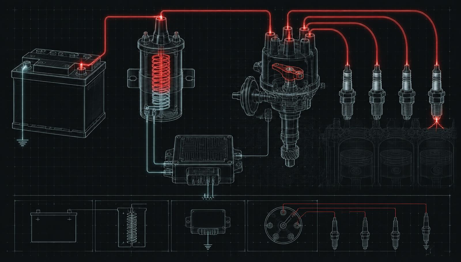 Schematische Darstellung der Zündanlage mit Batterie, Zündspule, Zündmodul, Verteiler und Zündkerzen